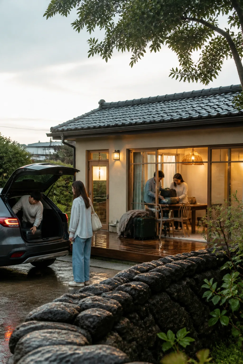 비가 갠 제주 펜션 앞에 주차한 렌터카와 객실에서 여행 짐을 정리하는 모습