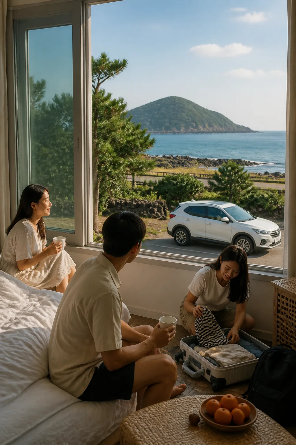 제주도펜션 객실에서 쉬며 렌터카 여행 동선을 정리하는 여행객과 제주 해안 풍경