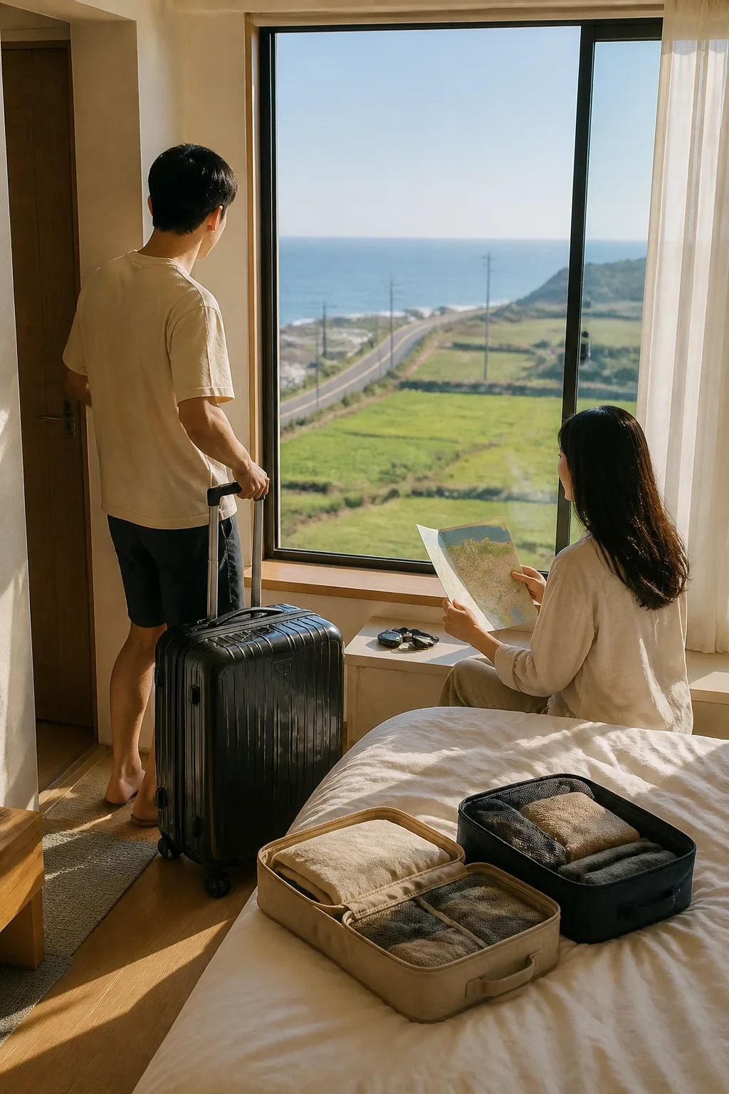 제주도펜션 객실에서 캐리어와 여행용품을 정리하며 렌터카 이동을 준비하는 모습