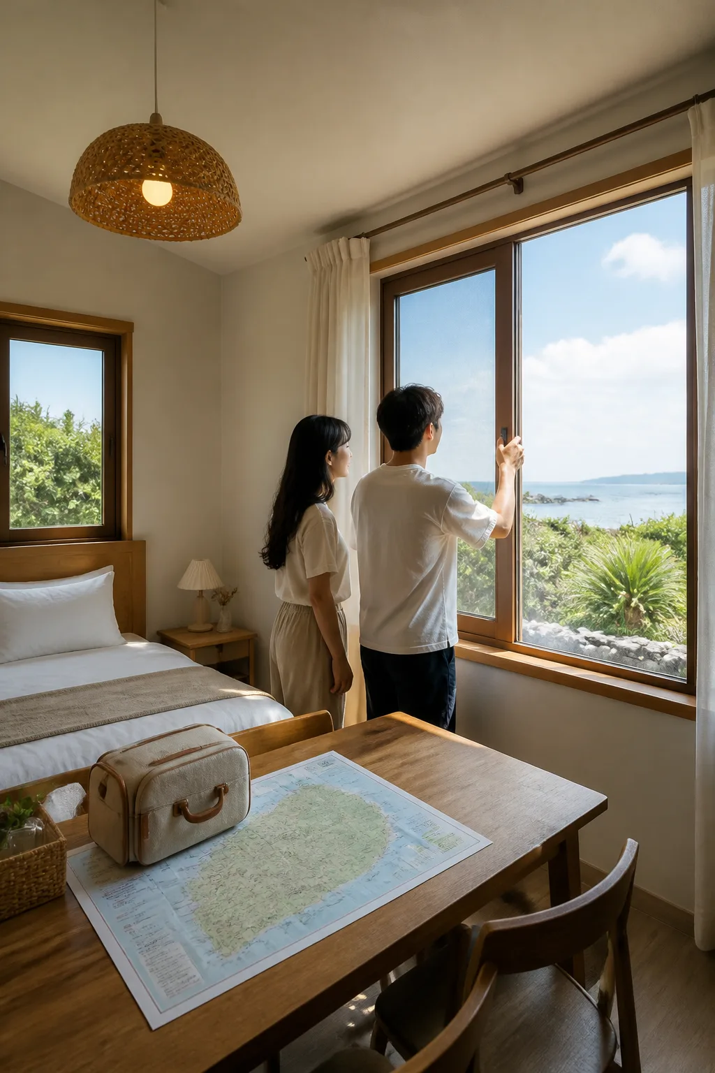 창문과 방충망을 확인하는 제주도펜션 객실과 제주 자연 풍경